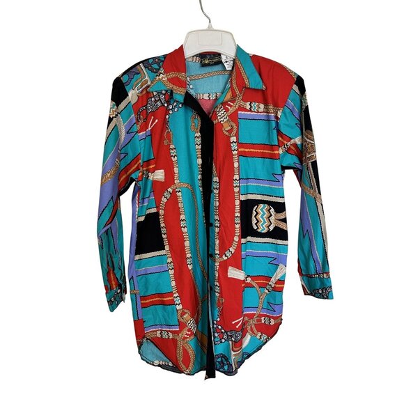 Vtg Millers Harness Womens Western Shirt Small Rodeo Saddle All over Print Teal - Picture 2 of 8